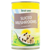 A 290g can of Best One Sliced Mushrooms in Salted Water, adorned with an image of mushrooms on a spoon set against a sunburst background.